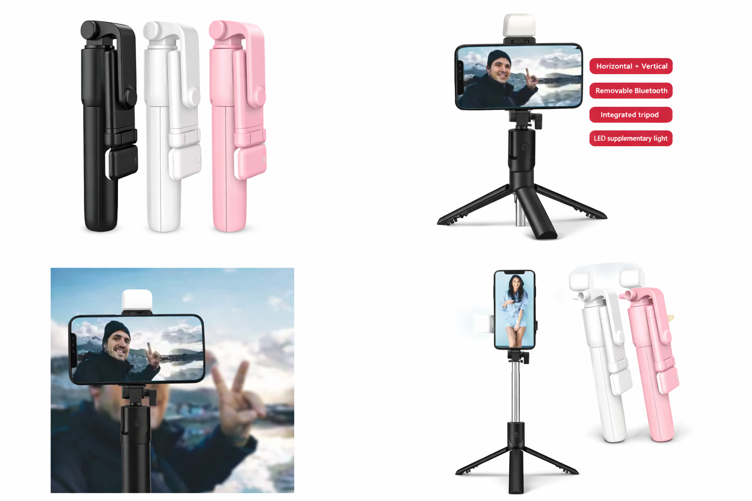 Perche Selfie 3-en-1 avec Trépied Intégré & Lumière LED – Bluetooth