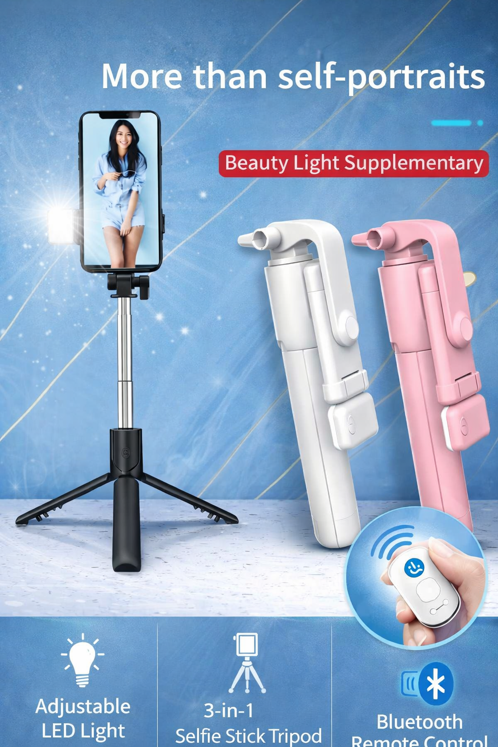 Perche Selfie 3-en-1 avec Trépied Intégré & Lumière LED – Bluetooth